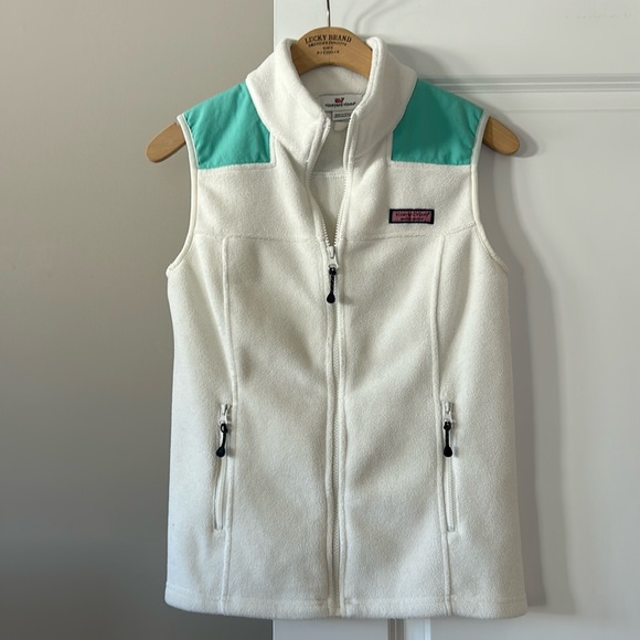 Vineyard Vines Martha's Vineyard Full-Zip Fleece Vest w Pockets, White w Aqua - Picture 1 of 8